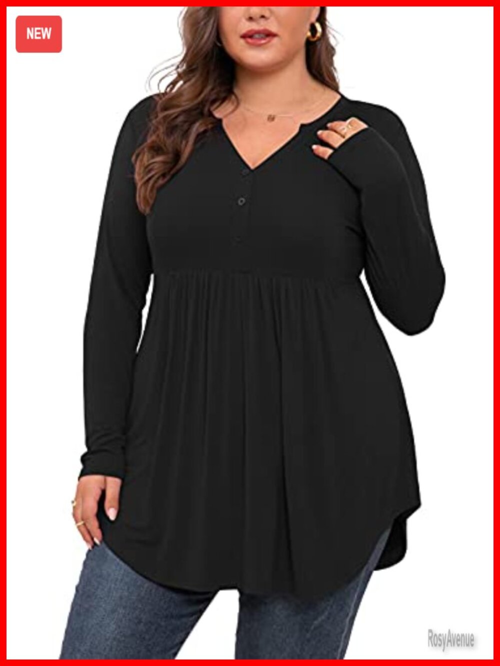 Plus Size Henley V Neck Button Tunic Top Long Sleeve Swing Blouse